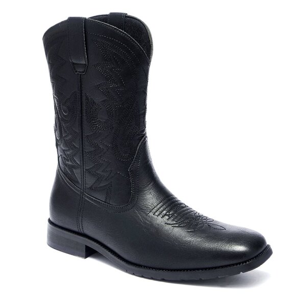 Black Men's Cowboy Western Embroidered Square Toe Chunky Heel Boots - Picture 1 of 7